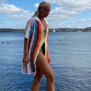 Steele Julio Polo Oversized Knit Shirt Dress Multicolor Stripes OS Resortwear